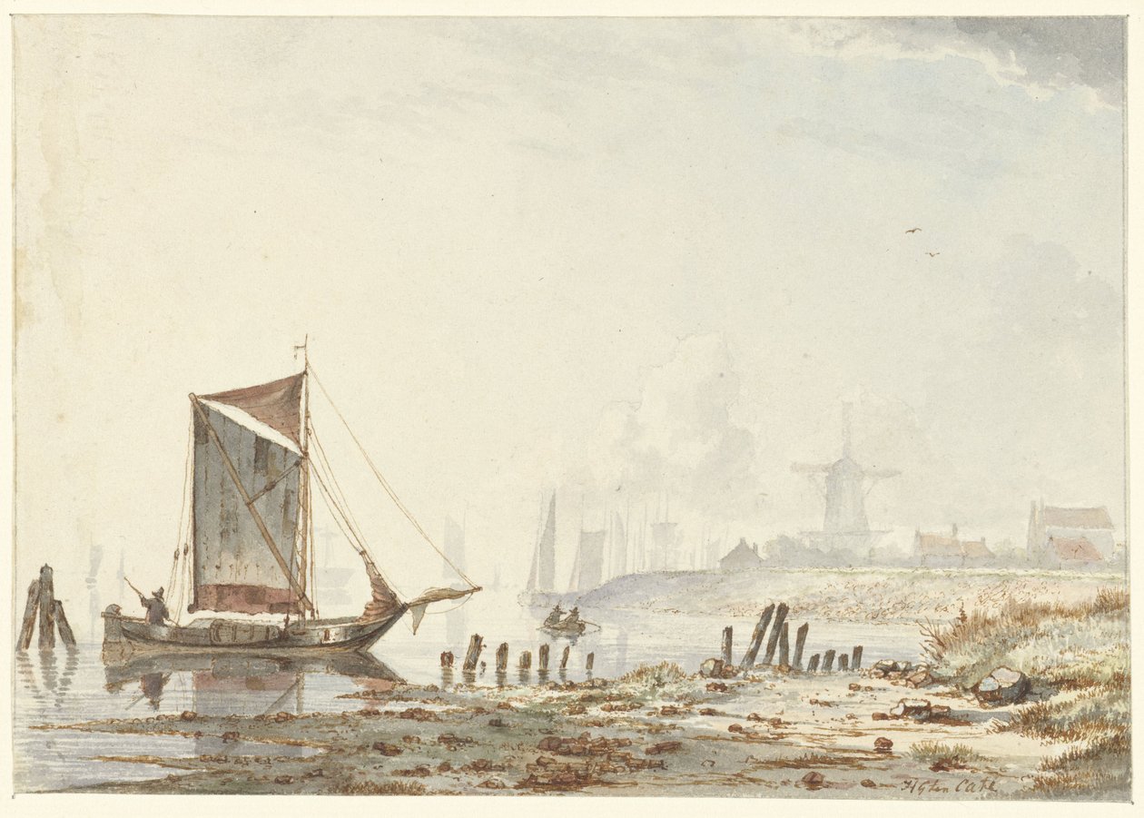Ships on a River, Near the Shore by Hendrik Gerrit ten Cate