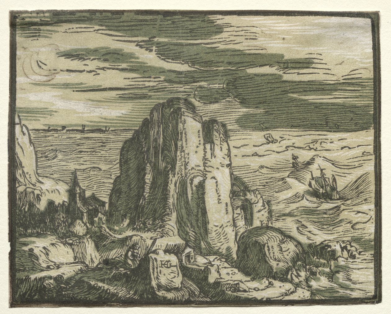 From a set of 4 Landscapes: Cliff on the seashore by Hendrik Goltzius