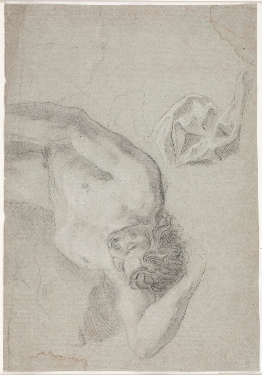 Male Model Study, Lying on His Back, Knee Piece and Drapery Study by Hendrik Krock