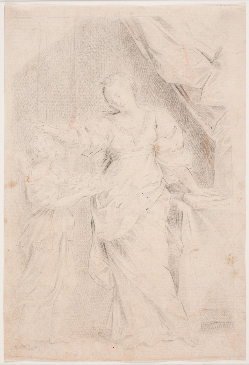 Standing Woman with Left Hand on a Book. To the Left, a Youth Brings Her a Dish of Fruits, Which She Rejects by Hendrik Krock