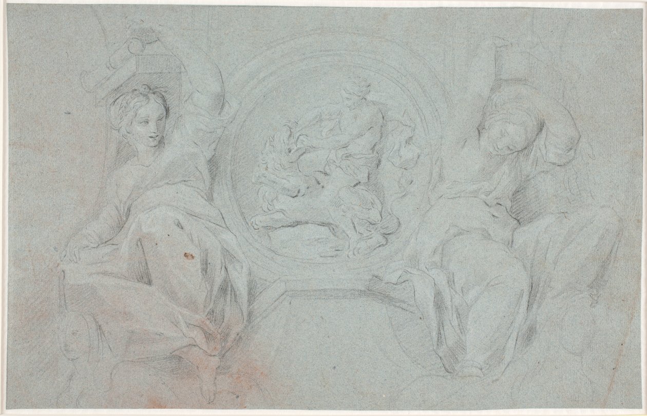 Two seated female figures around a medallion with Heracles