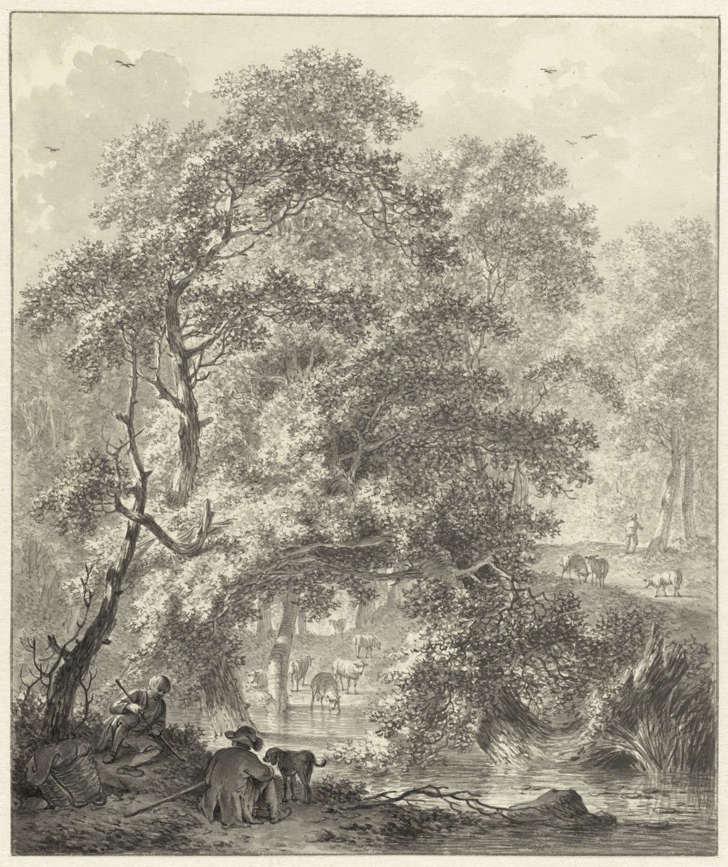 Forest Scene with Two Boys and a Dog Sitting by the Water by Hendrik Meijer