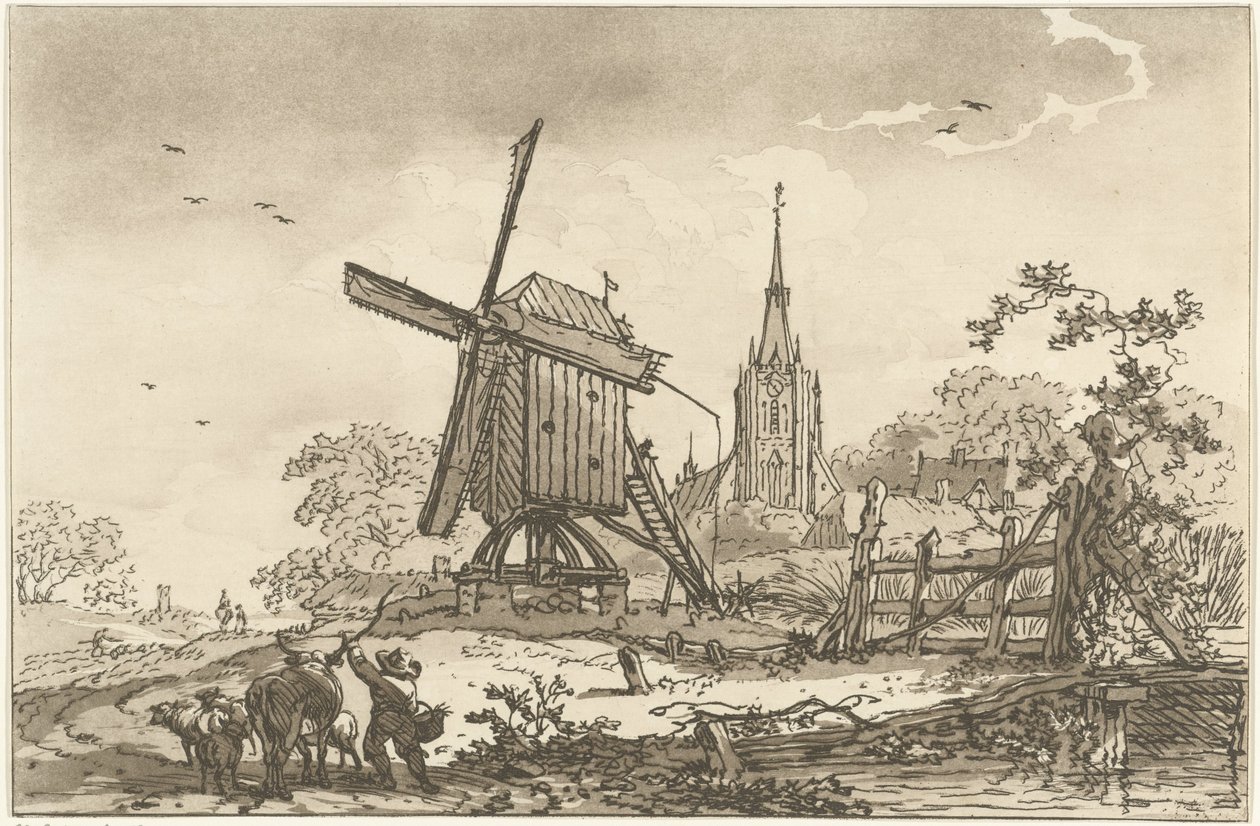 Landscape with a Windmill and a Church by Hendrik Meijer