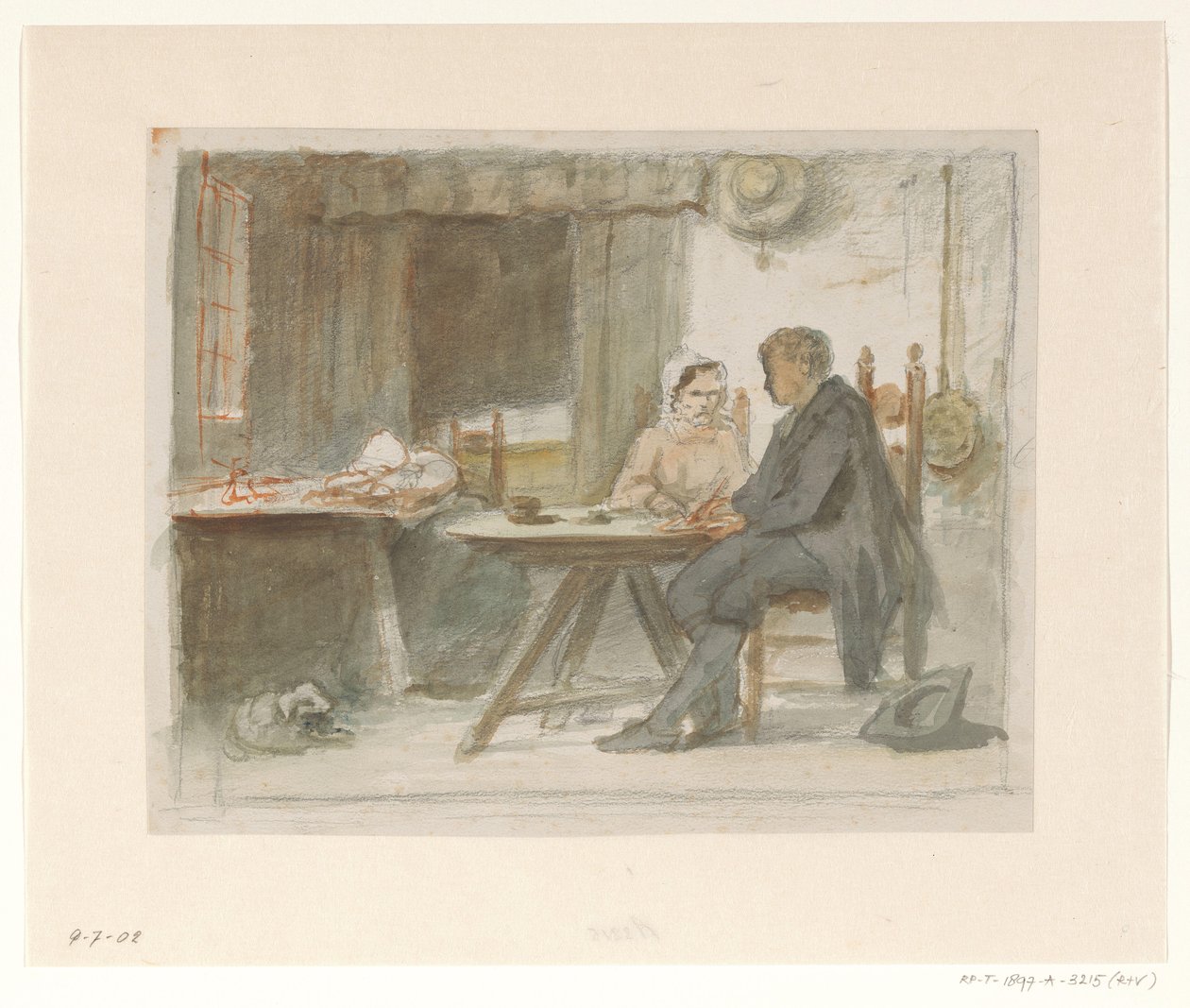 Writing Man and a Woman at a Table by Hendrik Valkenburg