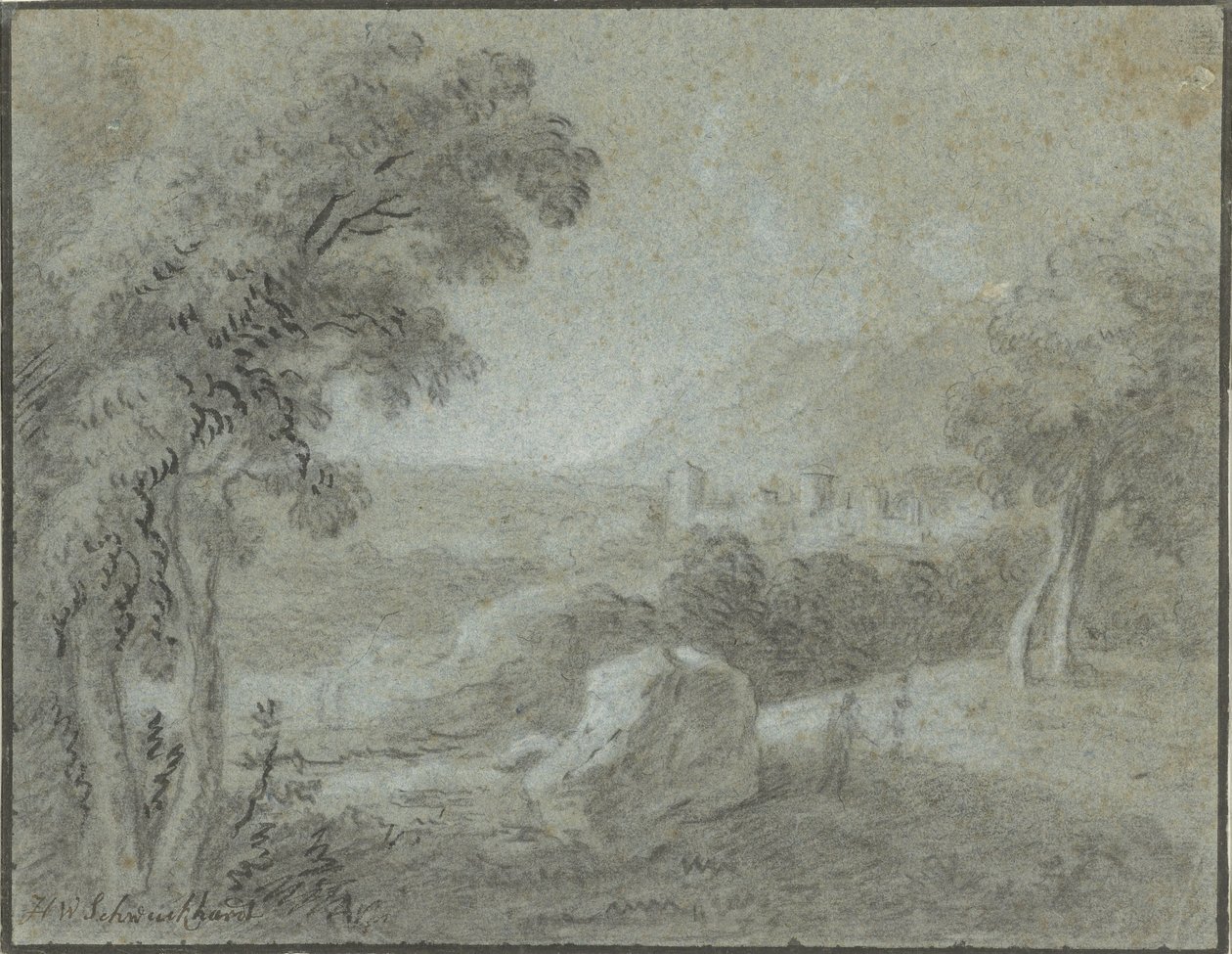Southern Hilly Landscape with a City in the Distance by Hendrik Willem Schweickhardt