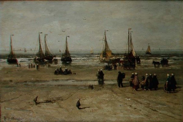 Coastal Landscape with Fishing Vessels and Fisherfolk by Hendrik William Mesdag