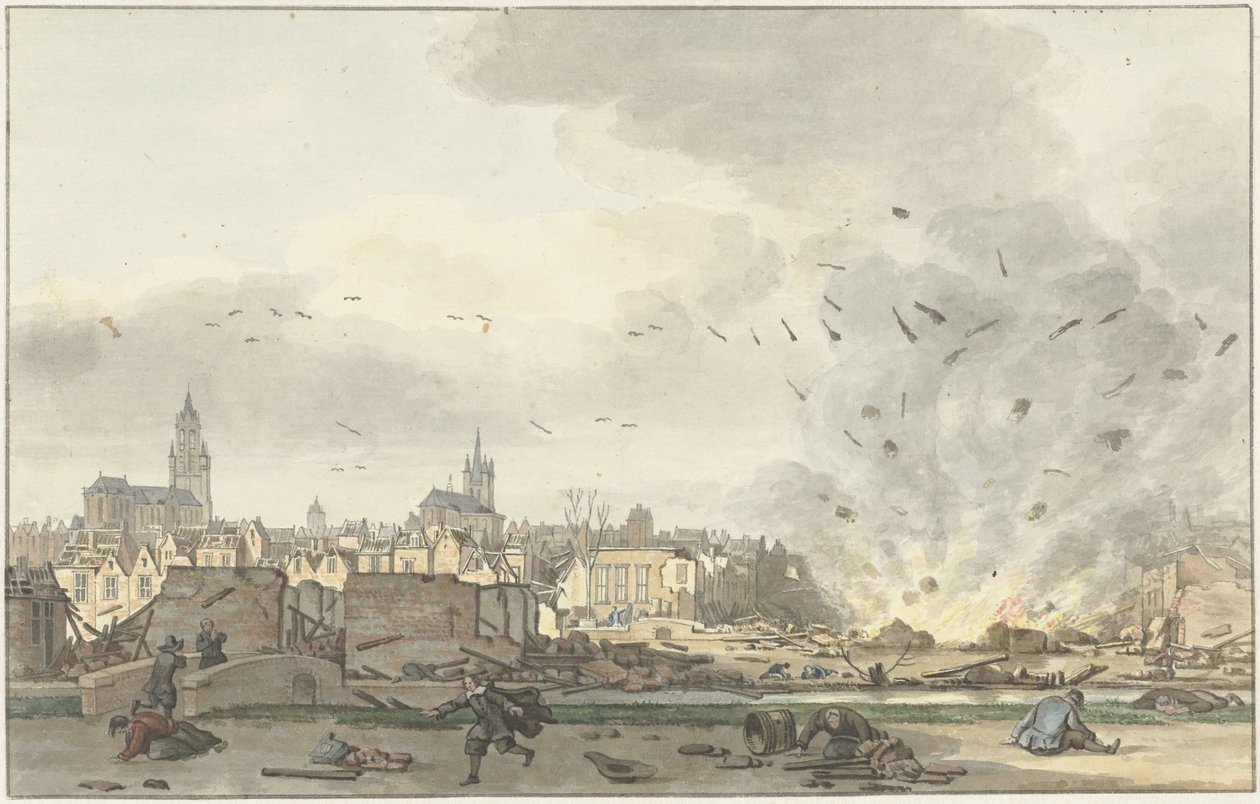 The Explosion of the Gunpowder House in Delft, 12 October 1654 by Hendrik de Winter (signed by artist)
