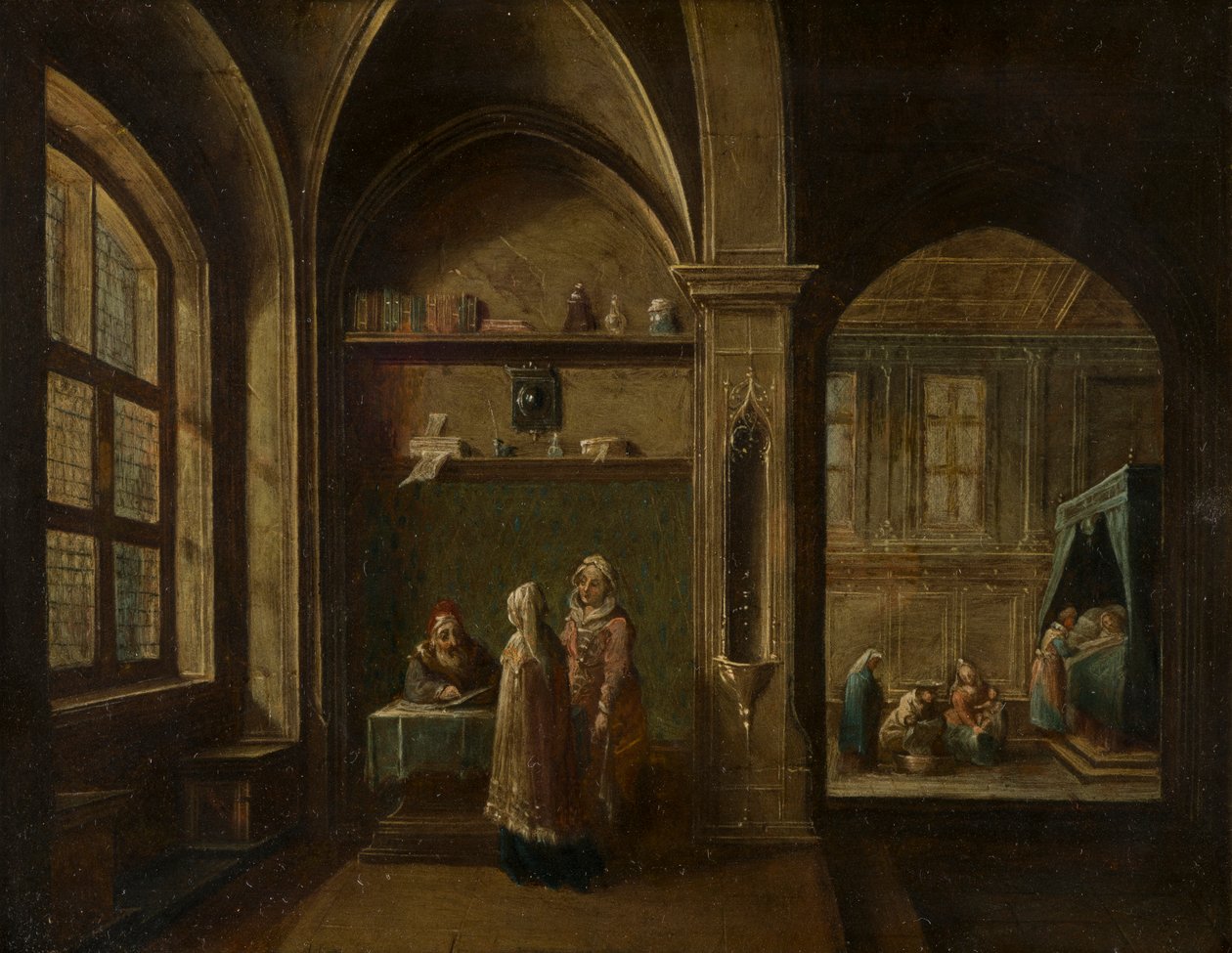 A Renaissance Interior with figures: The Birth of St John by Hendrik the Younger Steenwyck
