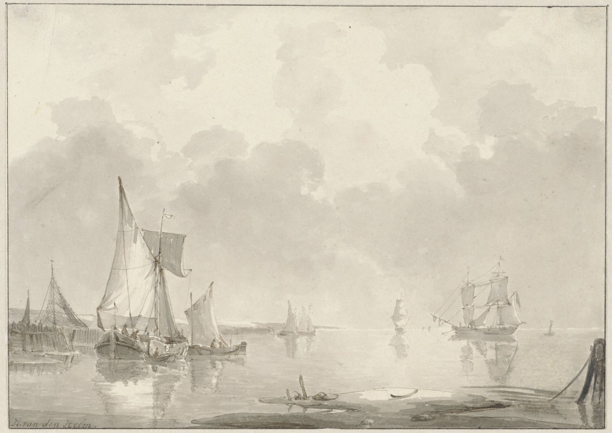 View of the Coast with Ships in Calm Water by Hendrik van den Helm
