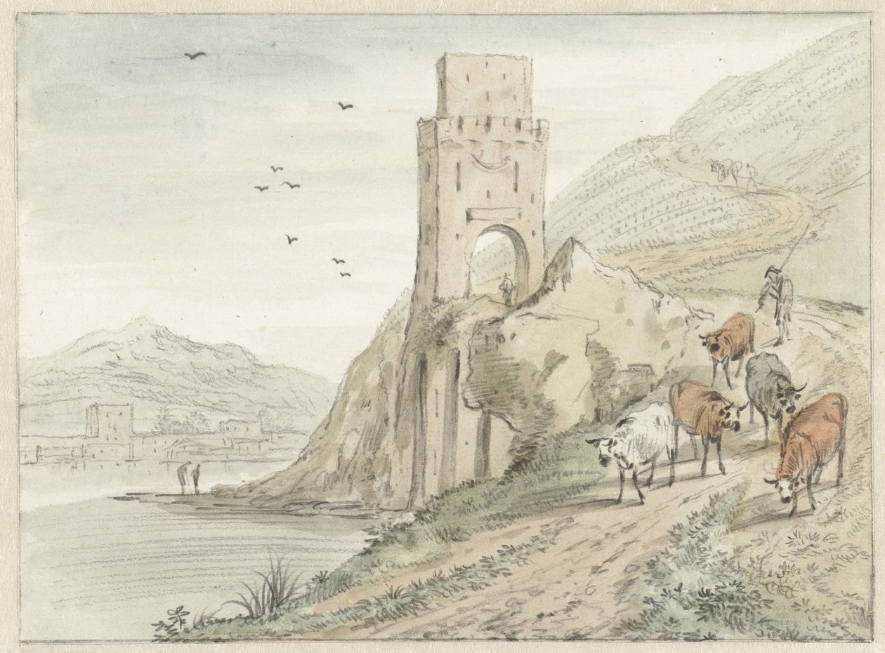 Italianate River Landscape with Mountains and a Gate Tower by Hendrik van der Straaten