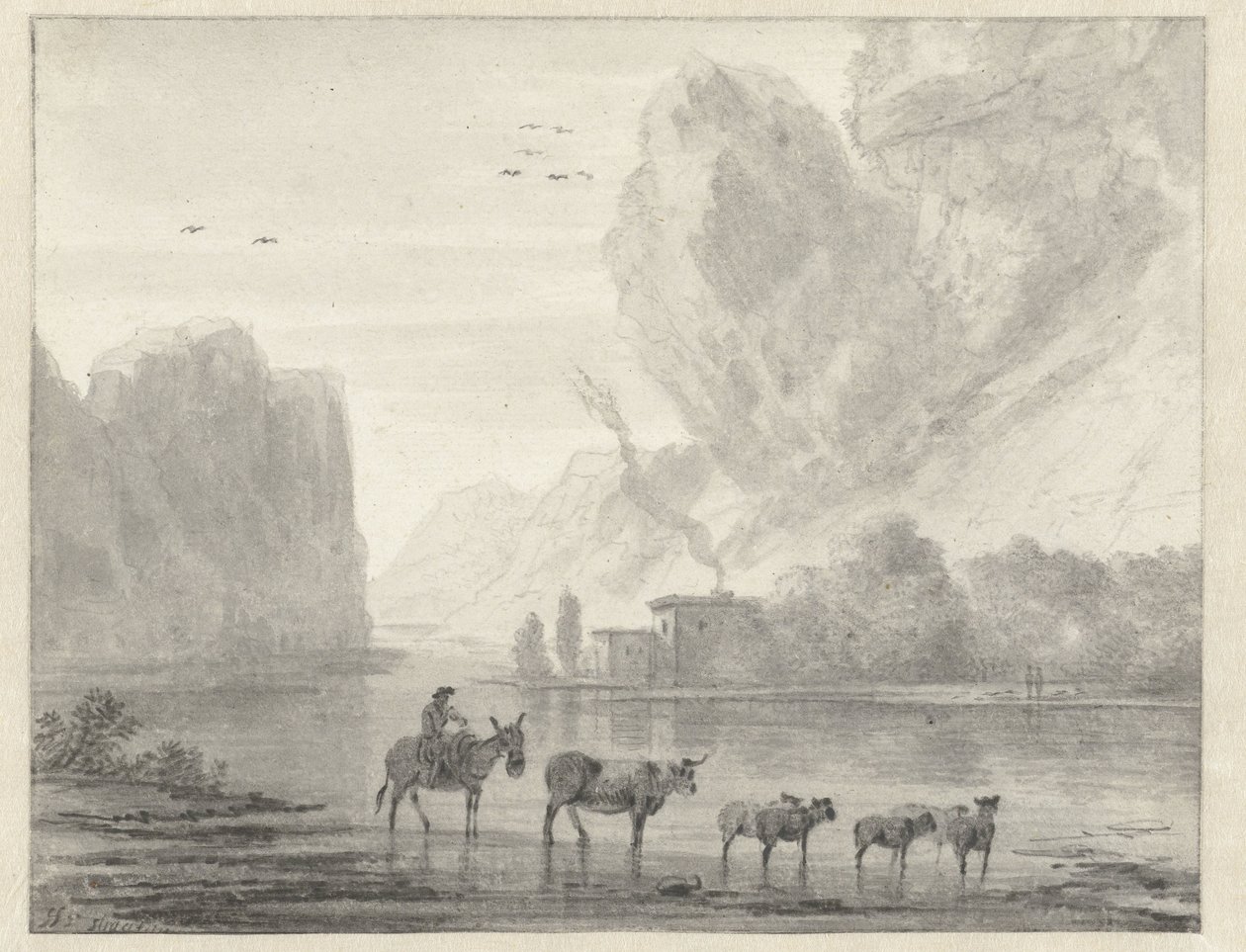 Rocky River Landscape with a Herder with his Cattle and Sheep by Hendrik van der Straaten