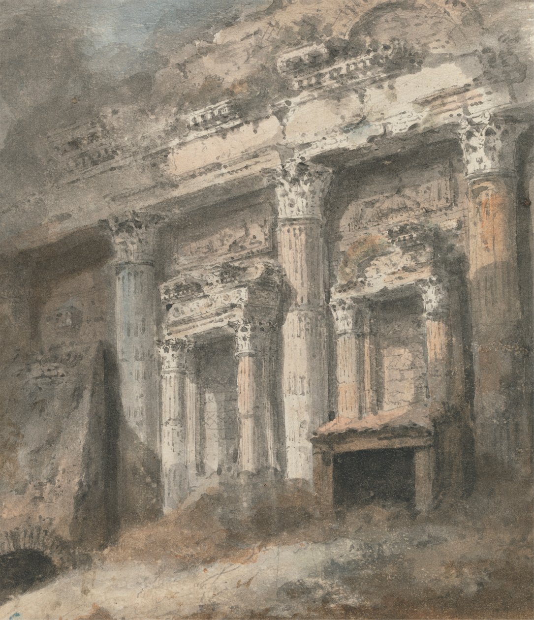 Facade of Ruined (?) Roman Temple, with Columns and Doorway by Heneage Finch fourth Earl of Aylesford