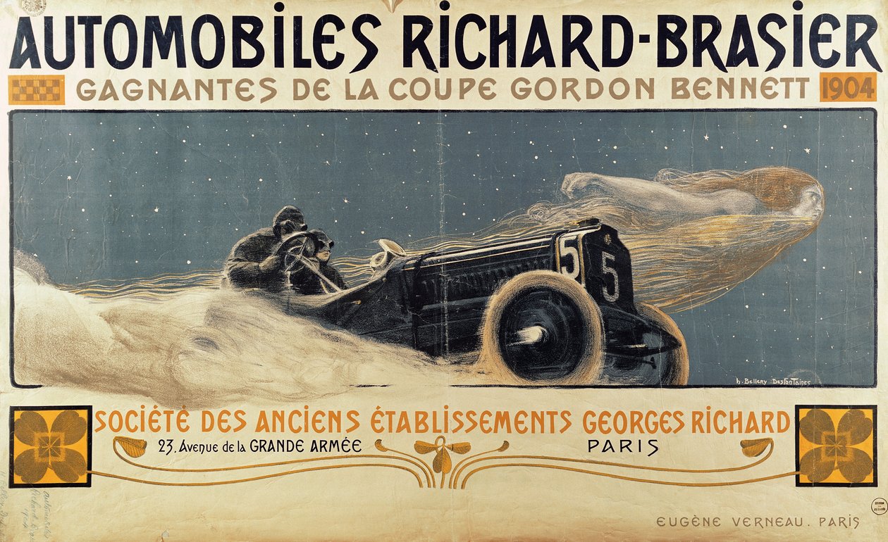 Poster showing Automobiles Richard-Brasier winning the Gordon Bennett Cup by Henri Jules Ferdinand Bellery Defonaines