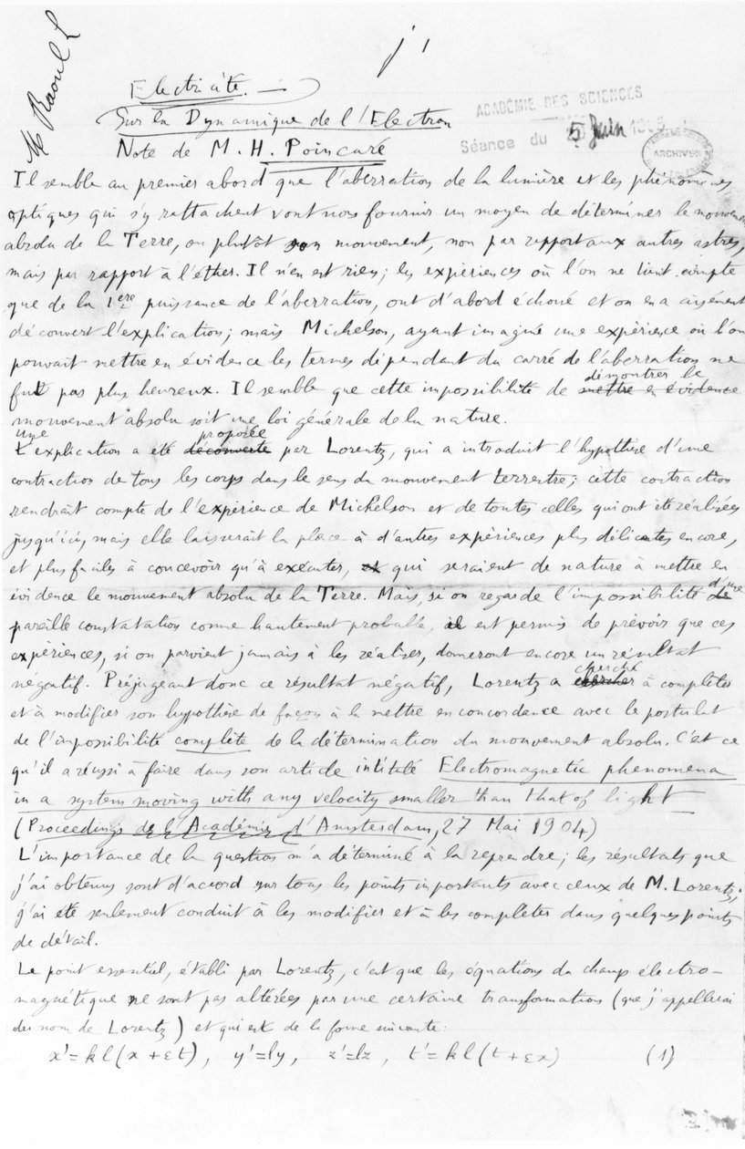 Manuscript on electron dynamics, 5th June 1905 by Henri Poincare