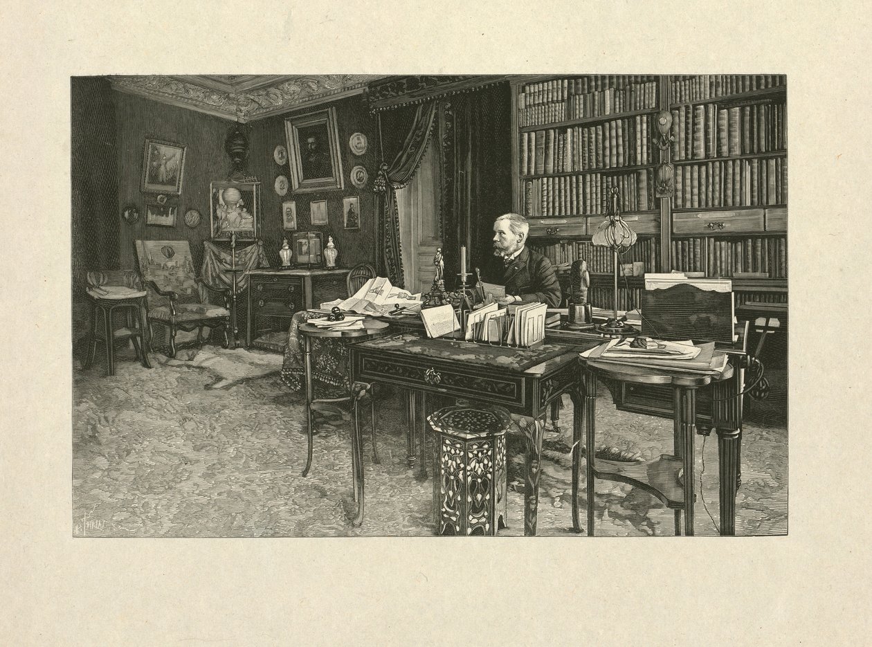 Gaston Tissandier, French balloonist, seated at a desk in his study, 1880-1900 by Henri Thiriat