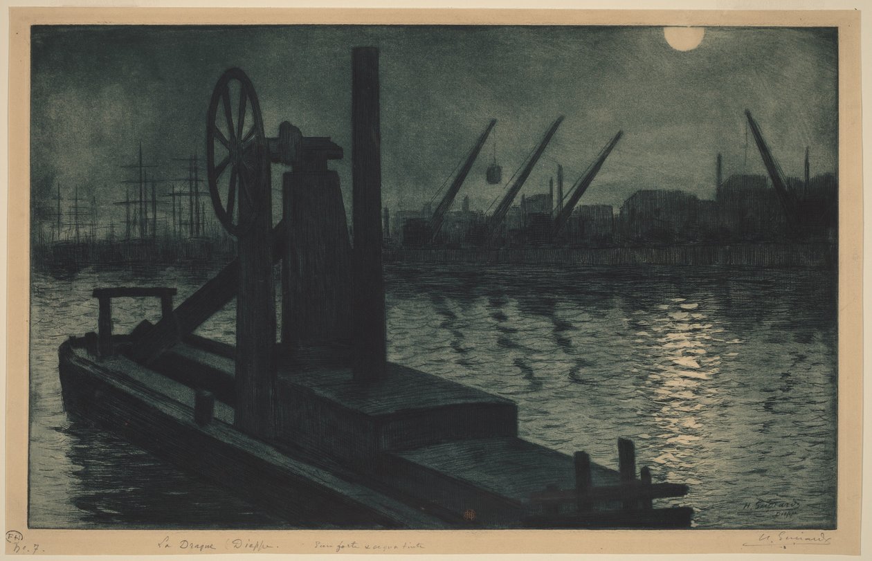 The Dredger of Dieppe, a Dredger in Dieppe Harbor by Moonlight by Henri-Charles Guérard