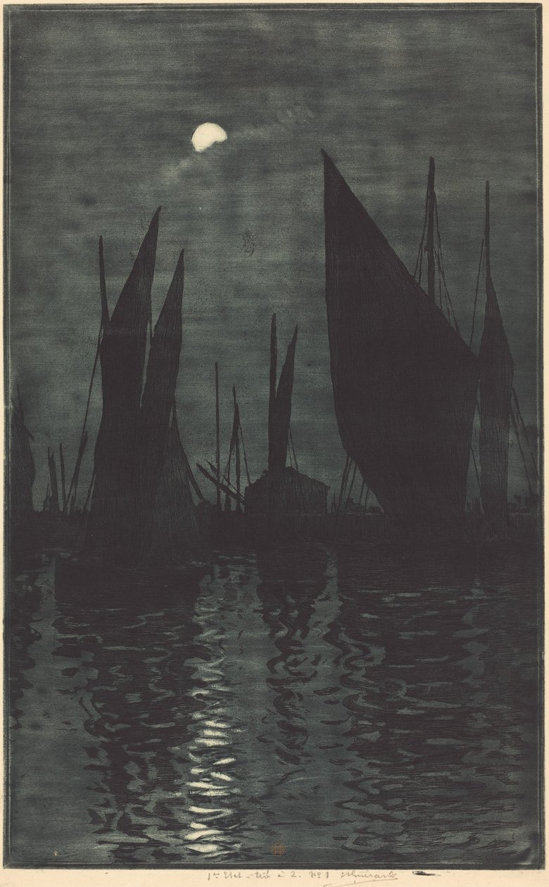 Moonlight in the Harbor at Dieppe by Henri-Charles Guérard