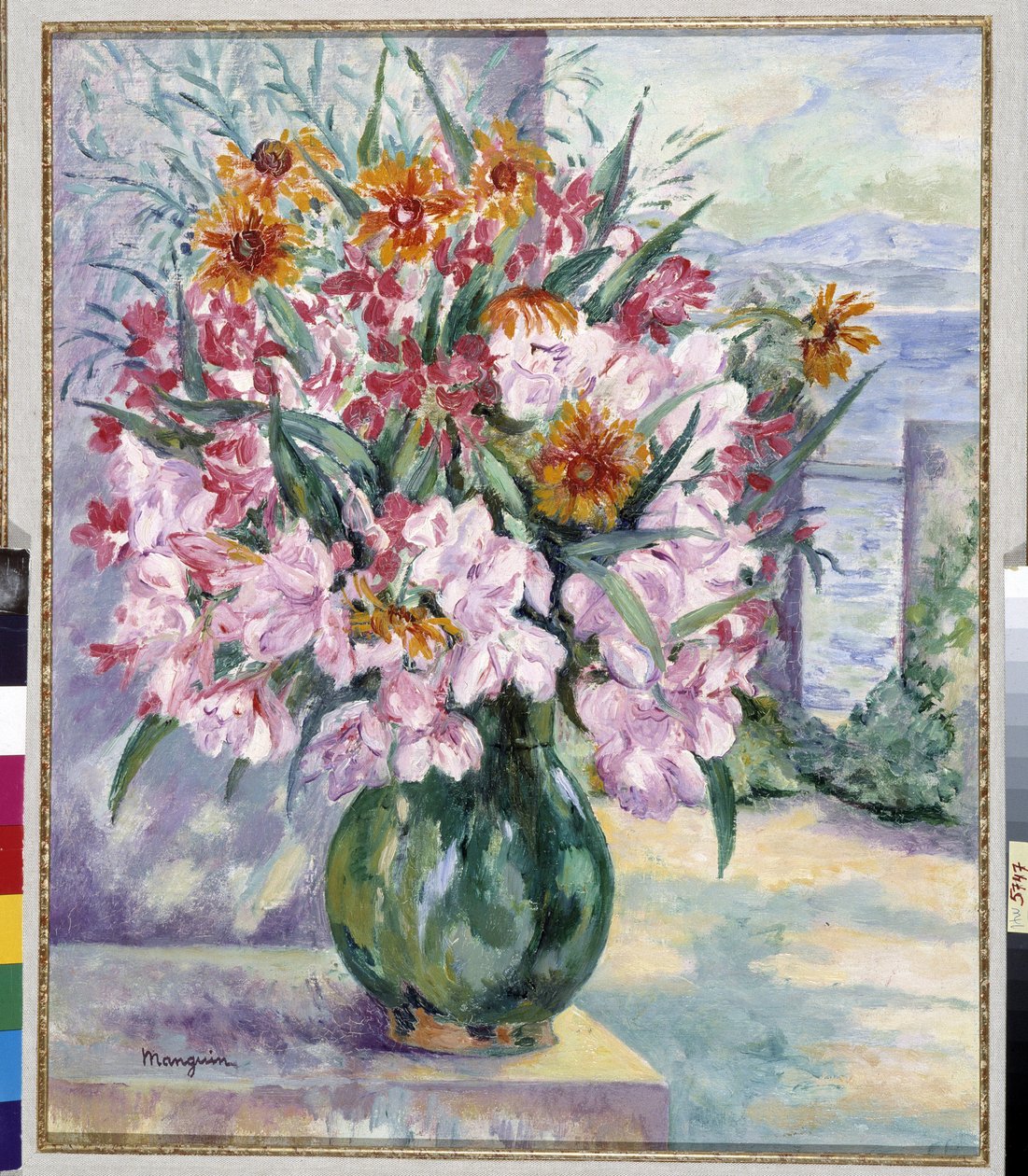 Vase of Flowers on Terrace in Front of the Sea