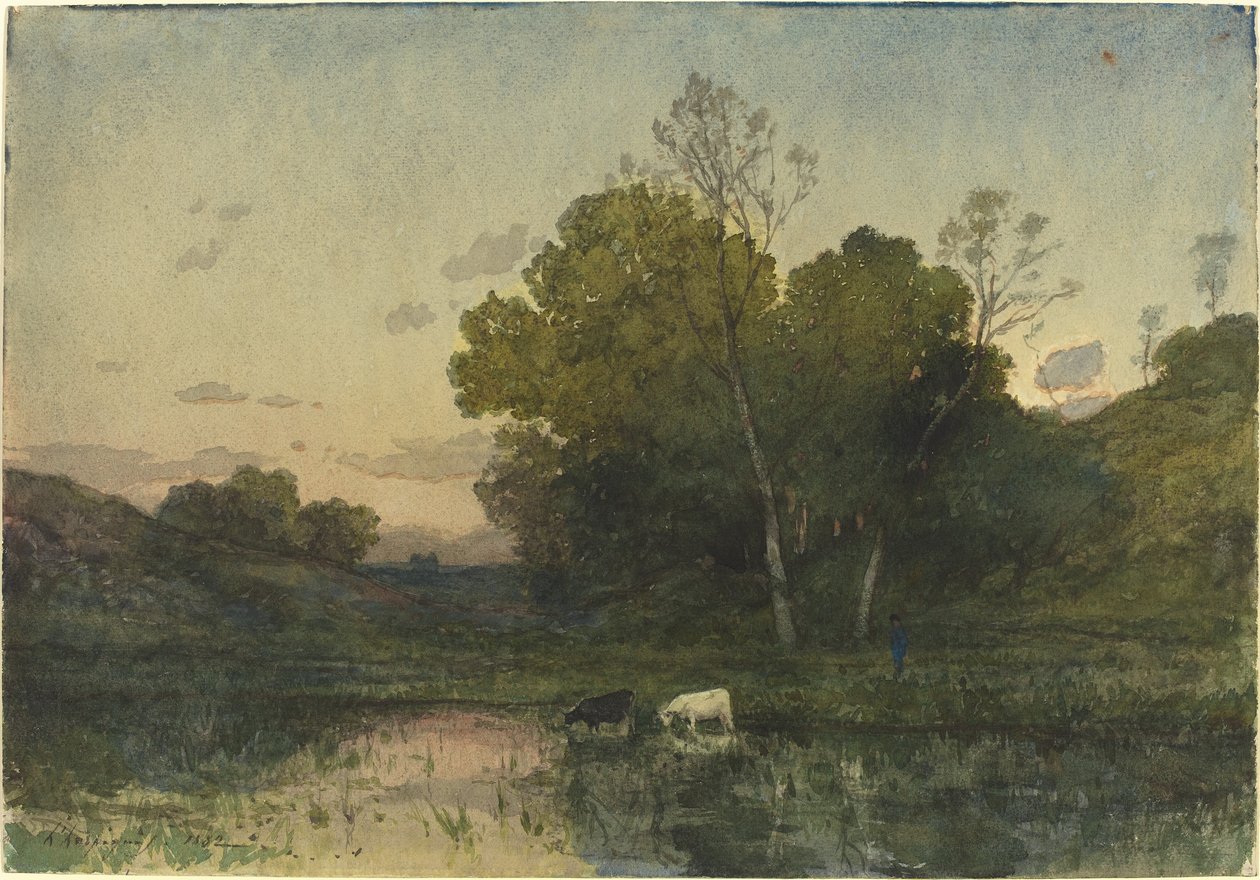 Evening Light on a Wooded Lakeside with Cattle Drinking by Henri-Joseph Harpignies