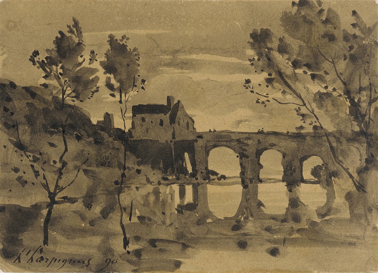 River Landscape with Bridge and House by Henri-Joseph Harpignies