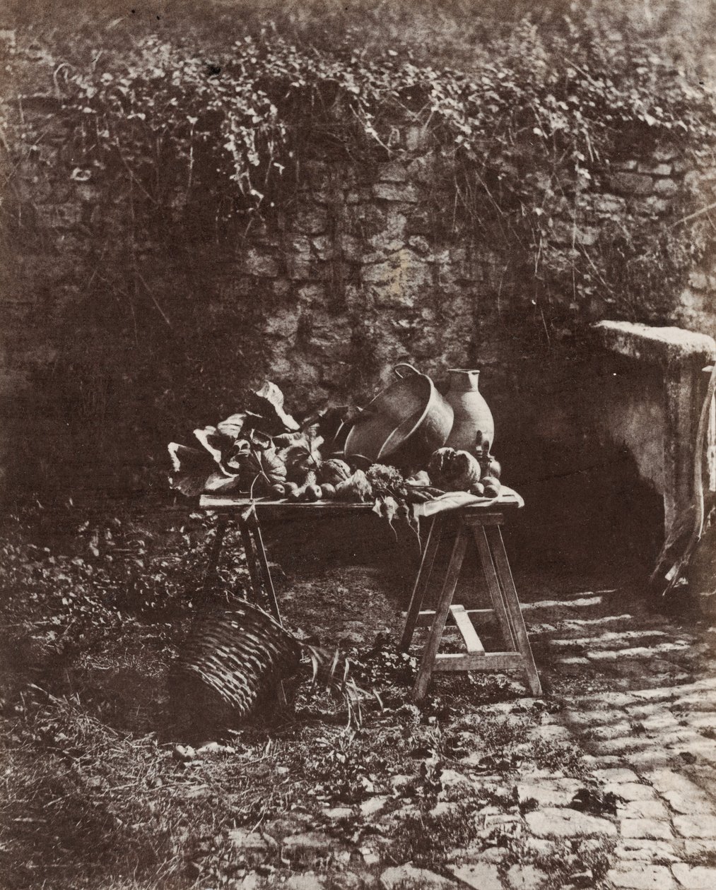 Still Life: Pot, Pitcher and Vegetables on a Sawhorse Table by Henri Victor Regnault