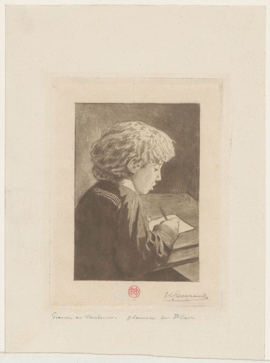 Boy Writing by Henri Charles Guérard (signed by artist)