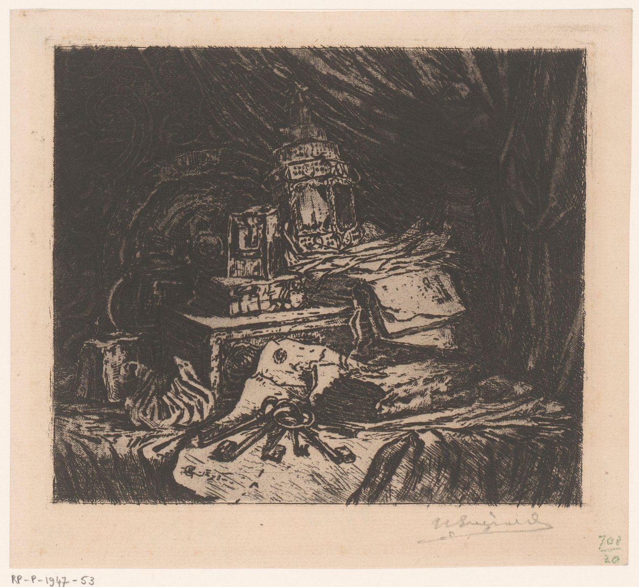 Still Life with Keys and Lantern by Henri Charles Guérard (signed by artist)