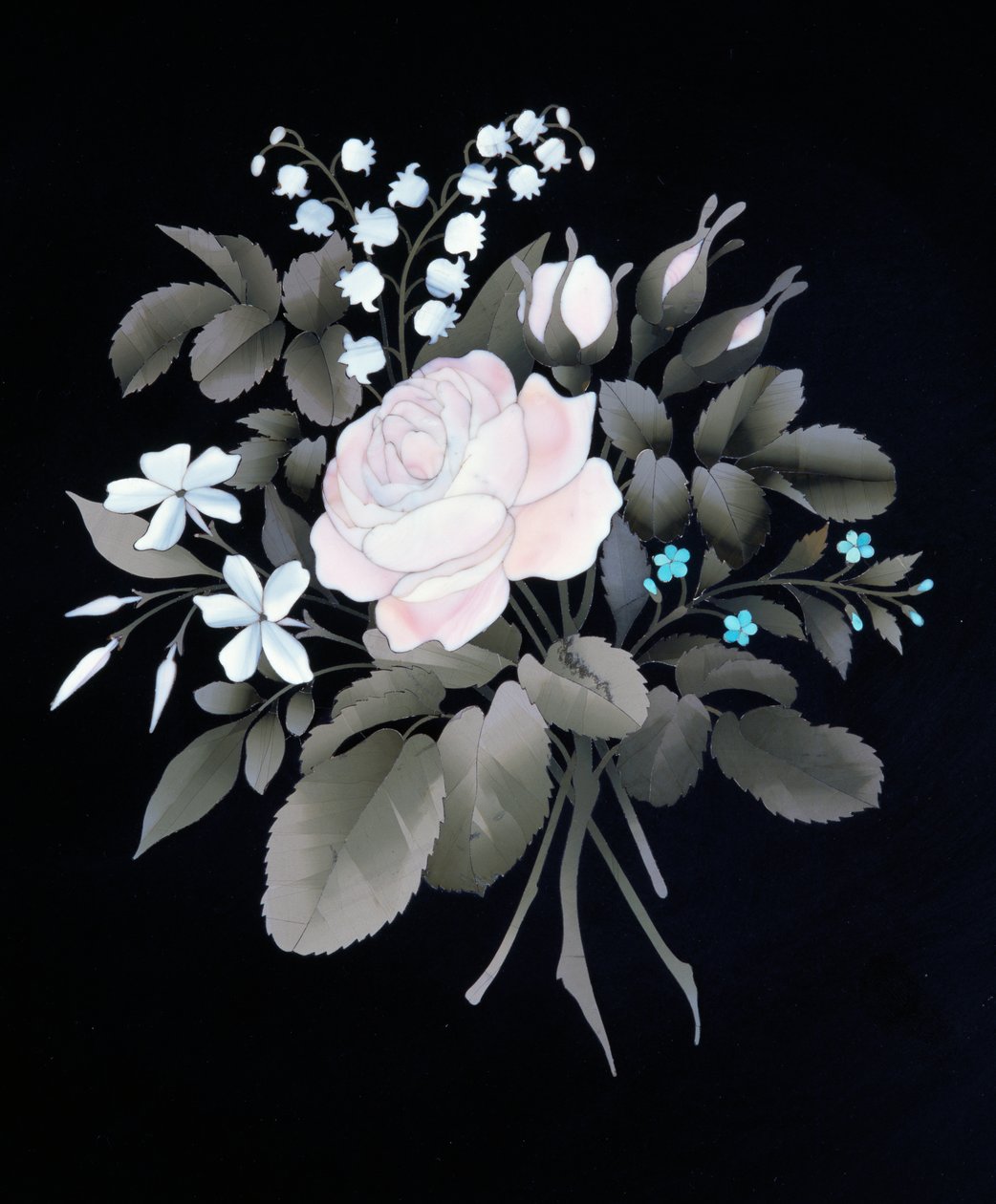Detail of slate top with semi-precious stone encrustations in form of bouquet of flowers of Louis XVI style Second Empire (Napoleon III) gueridon table by Henri Dasson