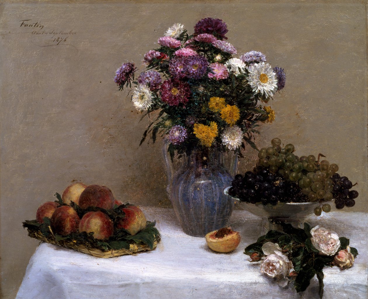 White Roses and Chrysanthemums in a Vase by Ignace Henri Jean Fantin Latour