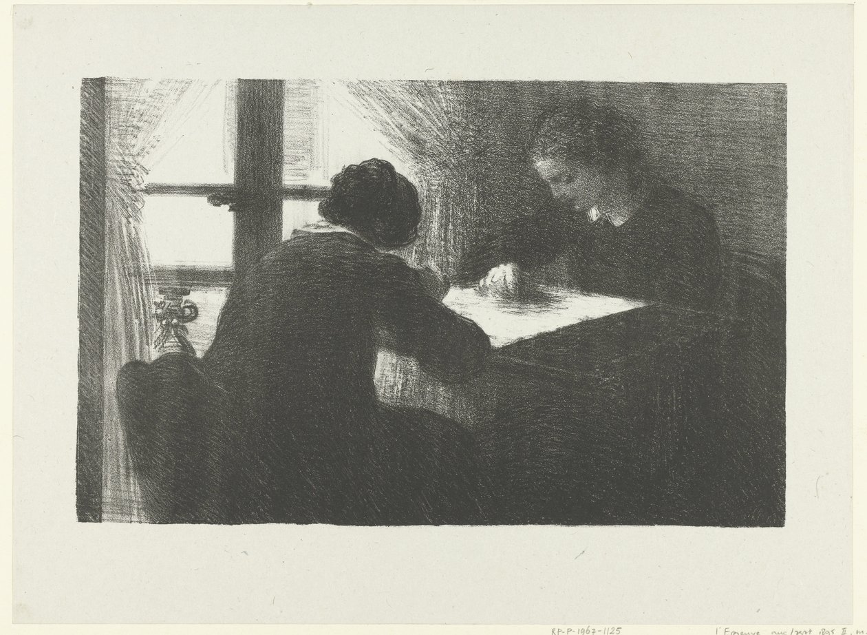 Two Women Embroidering at a Table by a Window Interior of Embroiderers L