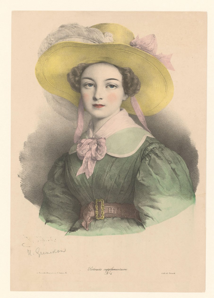 Portrait of a Young Woman with Hat with Feather and Bow (Portraits) (Supplementary Portraits) by Henri Grevedon