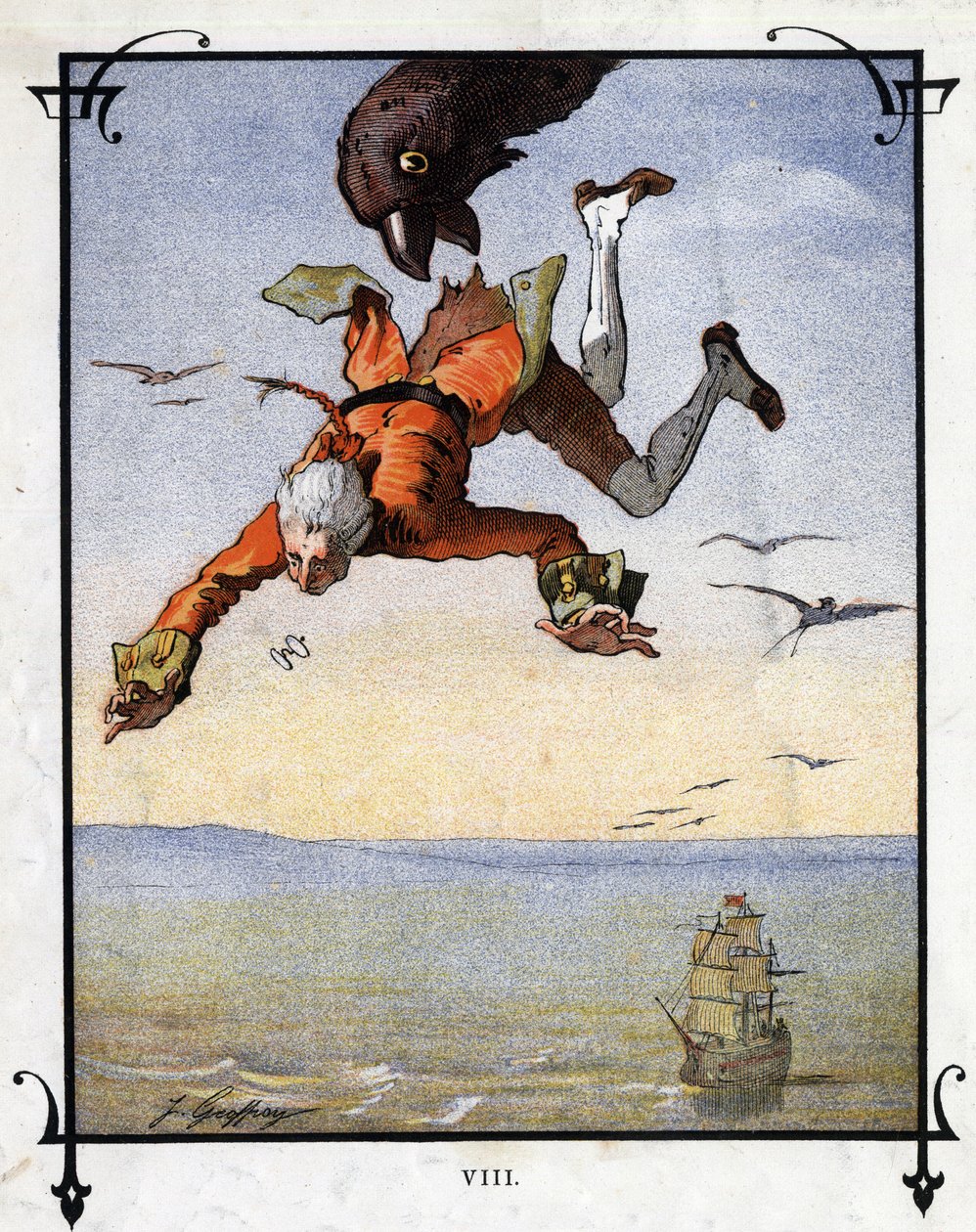 Lemuel Gulliver is carried away by an eagle. Illustration for Gulliver
