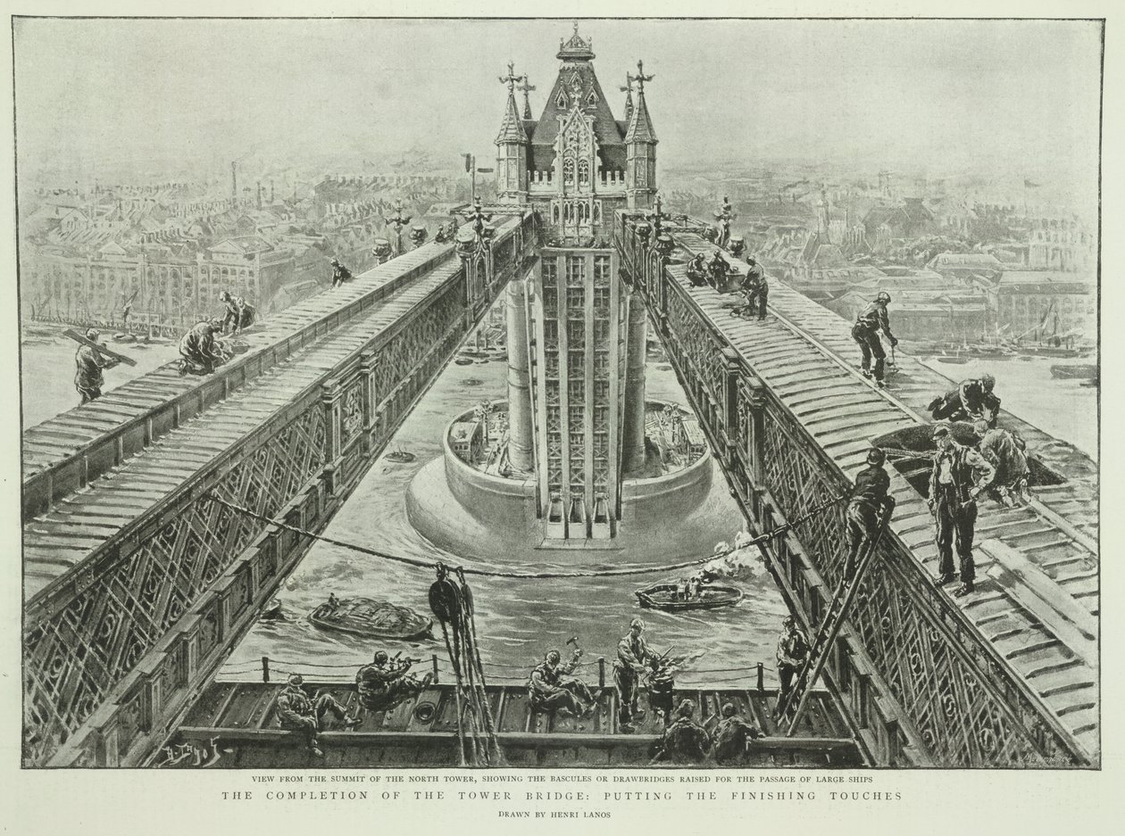 The completion of the Tower Bridge: putting the finishing touches (engraving) by Henri Lanos