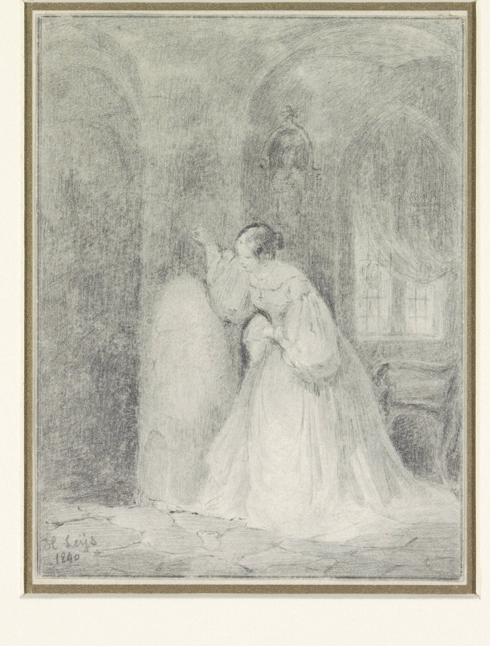 Interior with Young Woman Leaning Against a Column by Henri Leys (baron)
