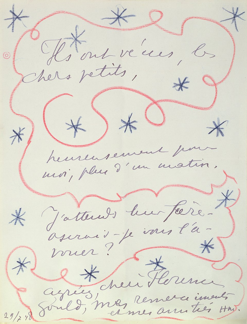 Letter from the Painter to Florence Gould, 29th July 1948 by Henri Matisse