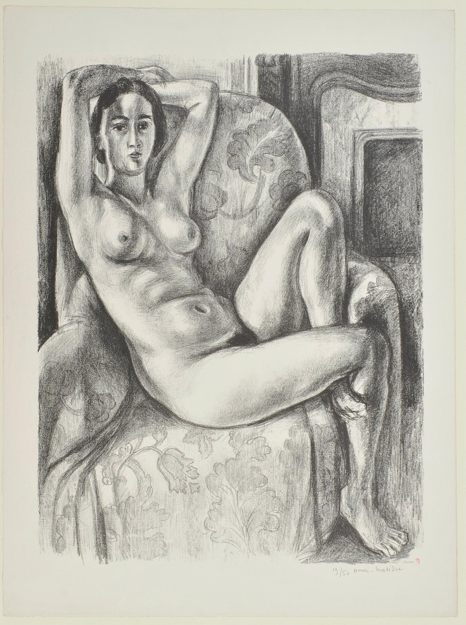 Nude on Blue Cushion Beside a Fireplace by Henri Matisse