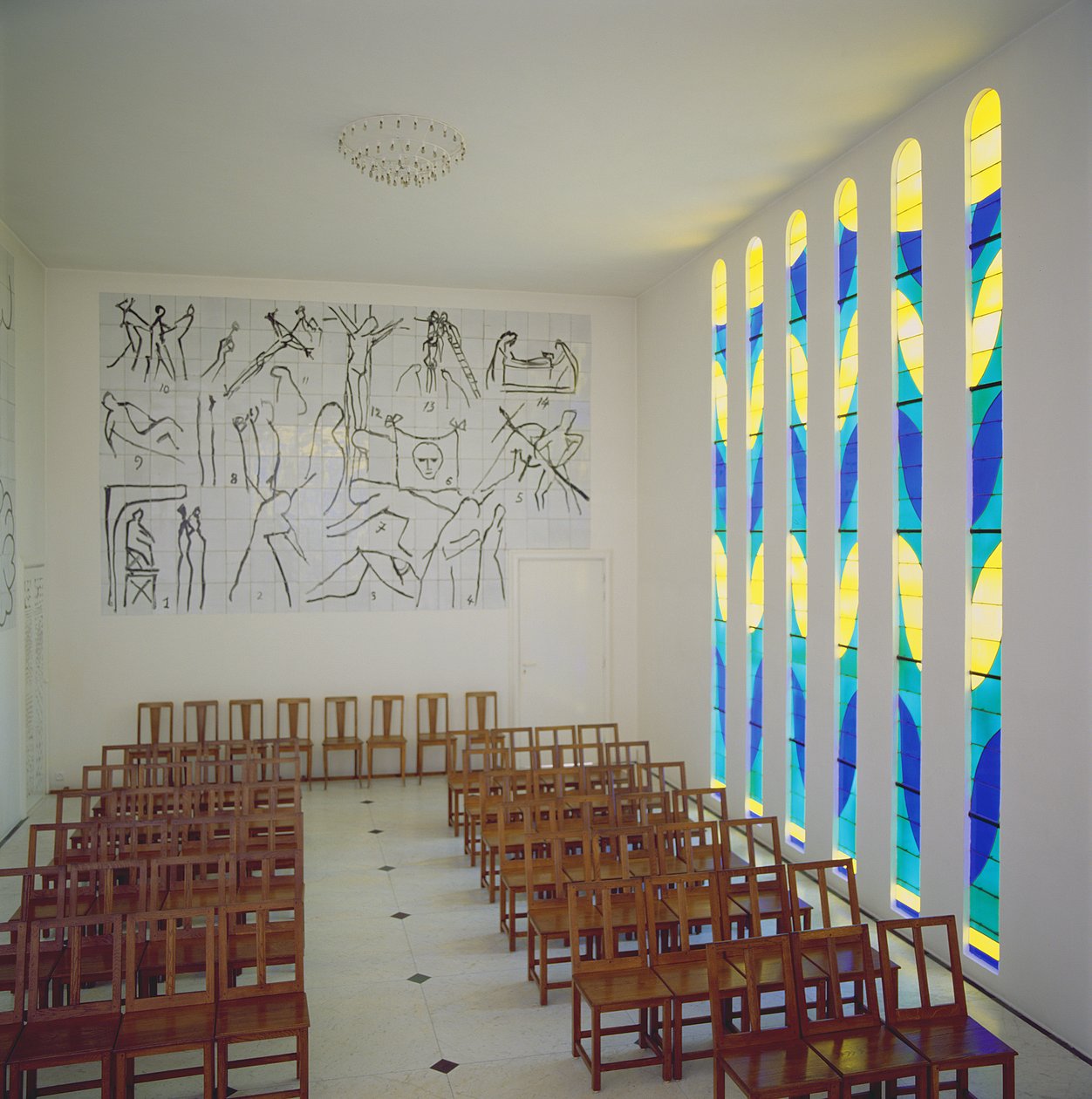View of the Nave, Stained Glass Side Window and Stations of the Cross, Chapel of the Rosary, Vence by Henri Matisse