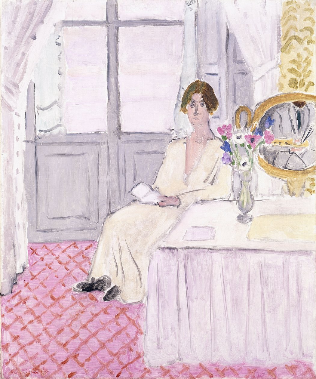 Woman Reading in Front of a Table and Bouquet, Nice by Henri Matisse