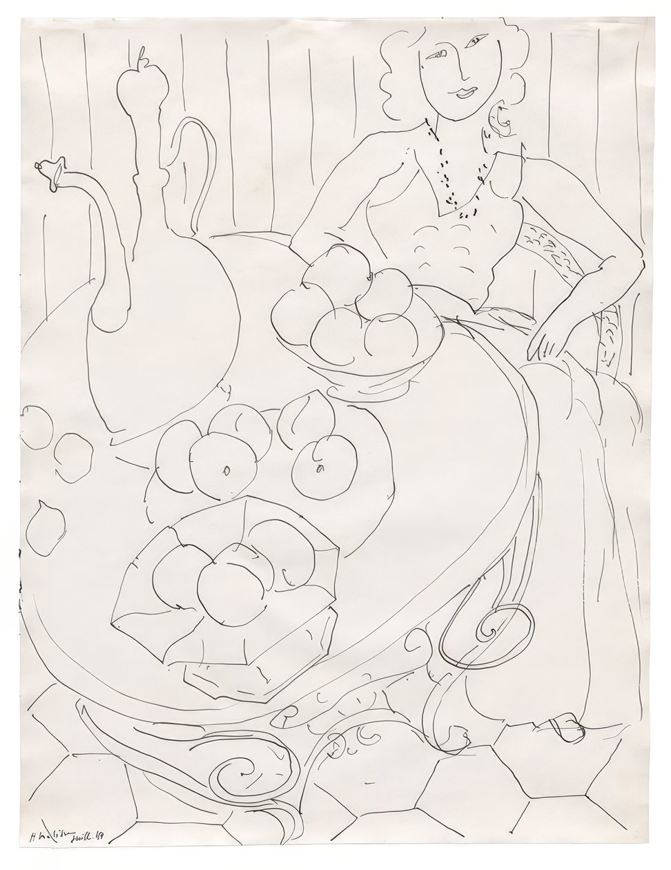 Woman Seated at a Table with Fruit and Pitcher by Henri Matisse