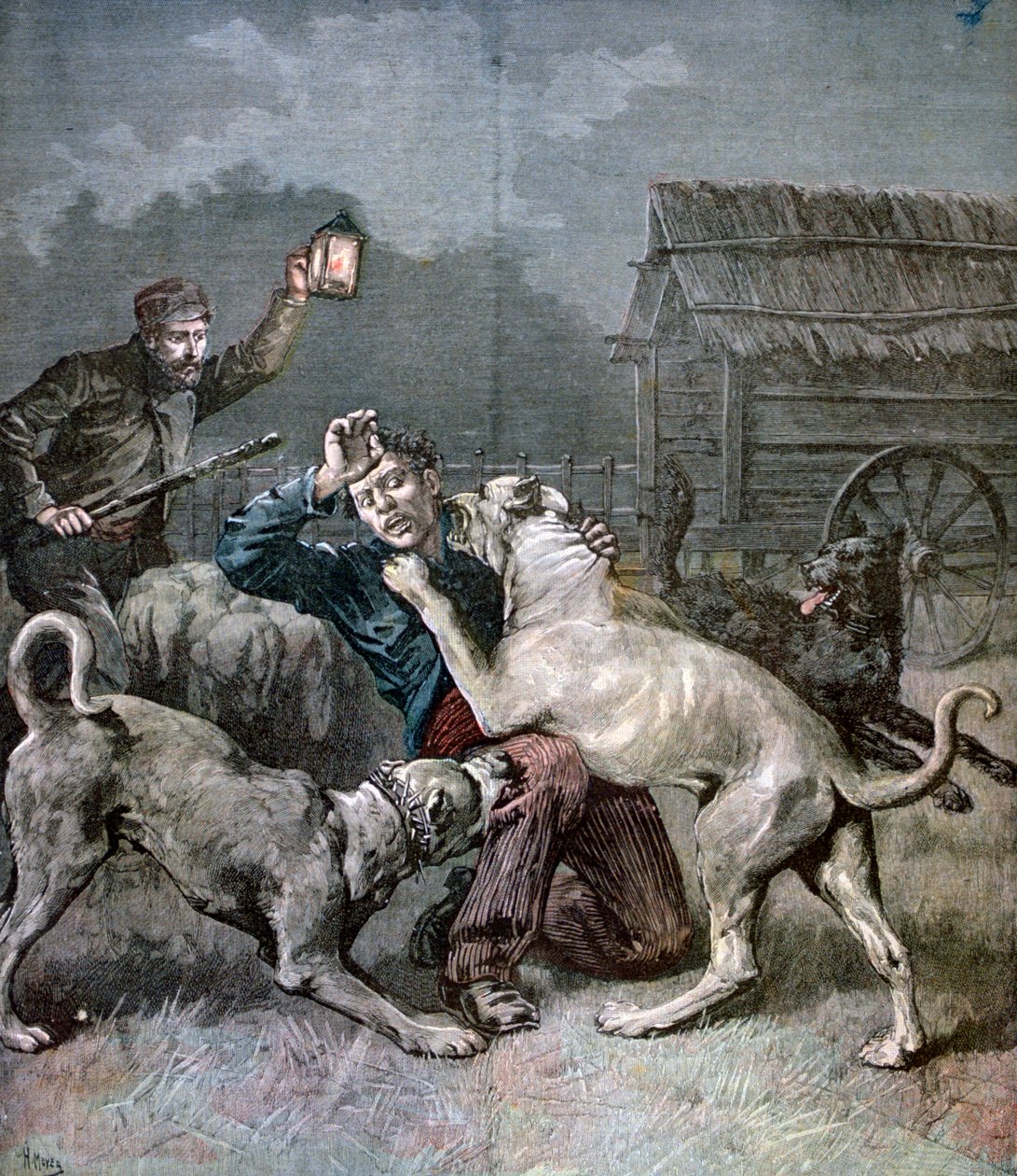 A Criminal Attacked by Three Large Dogs, 1891 by Henri Meyer