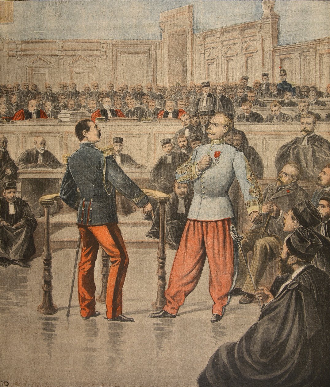 Colonel Henry and Lieutenant-Colonel Picquart speaking before the Court of Assisses, illustration from 