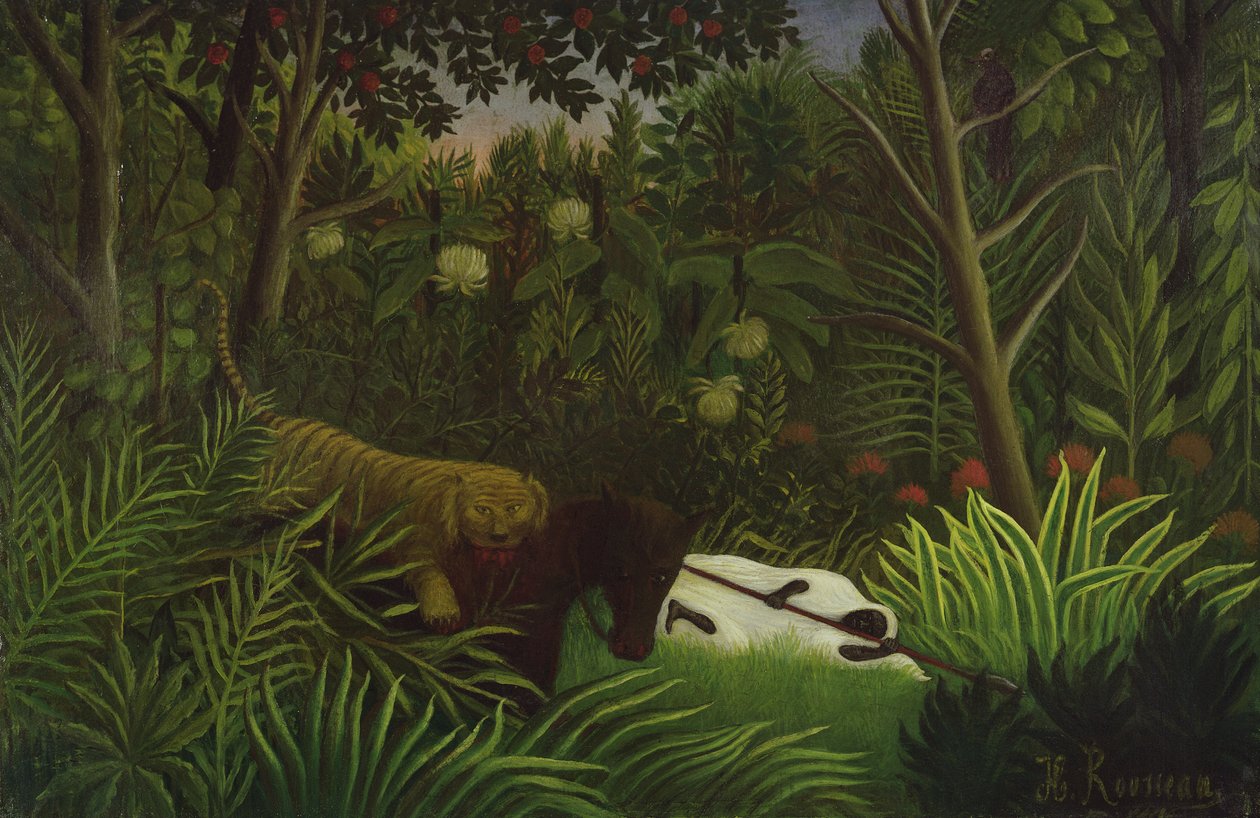 Tiger Attacking a Horse and a Sleeping Black Man