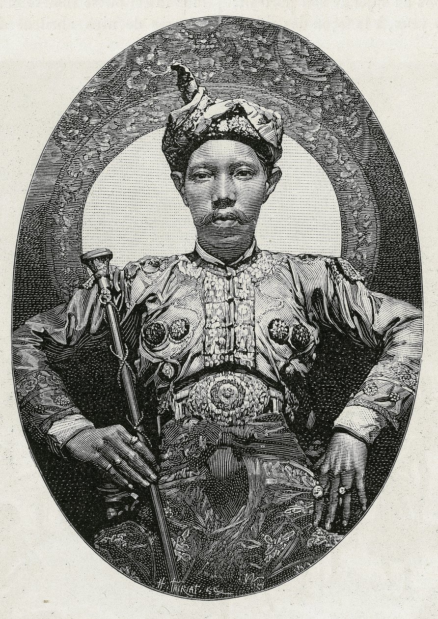 Portrait of Mohammed Yamalul Alam, sultan of Soulou (or Sulu) (Philippines), in 1880. Engraving by Thiriat, to illustrate the story 