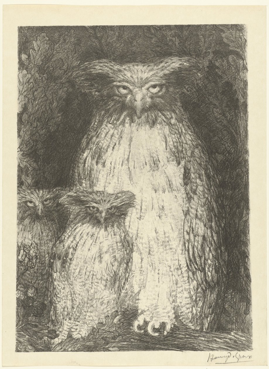 Owl with Two Owlets Sitting on a Branch by Henri de Groux