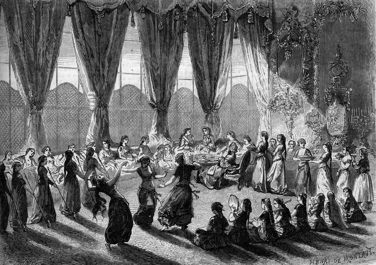 Reception of European ladies in the serail of Cairo by the Vice Queen of Egypt. Handmaids bring the dishes while musicians and dancers perform the show. 19th century. Engraving by Henri de Montaut in 