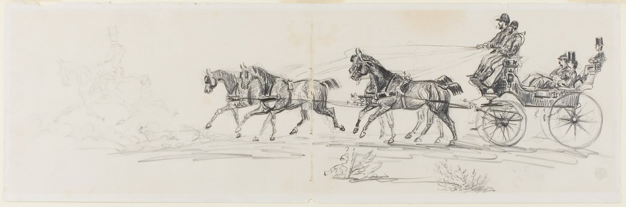 Horse-Drawn Carriage Preceded by Single Rider (recto); Man Riding Horse with a Blanket and Sketches of Heads, Horses and Triumphal Arch (verso) by Henri de Toulouse-Lautrec