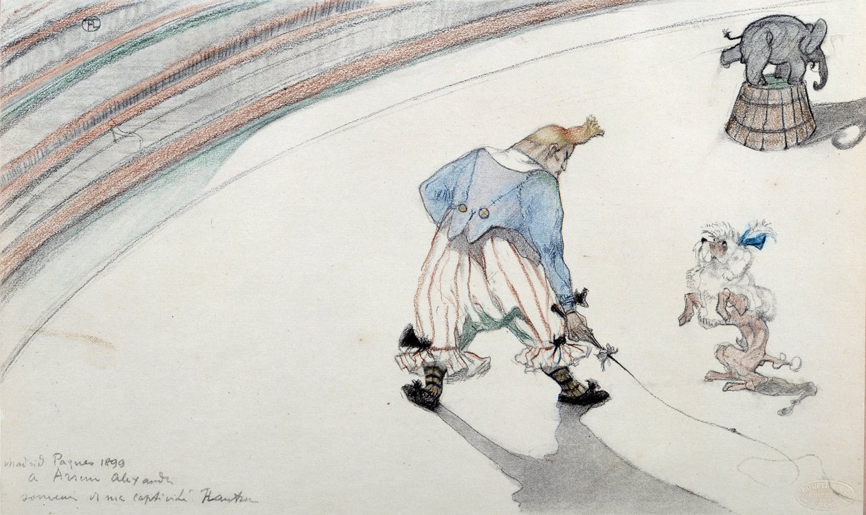 Circus scene: dressage. A clown with a scientist dog and an acrobatic elephant by Henri de Toulouse Lautrec
