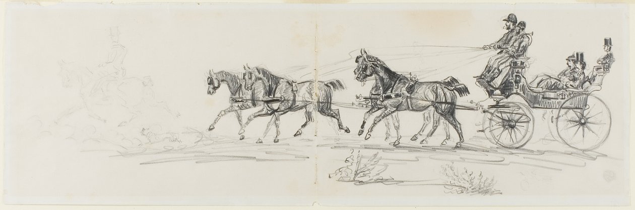 Horse-Drawn Carriage Preceded by Single Rider (recto); Man Riding Horse with a Blanket and Sketches of Heads, Horses and Triumphal Arch (verso) by Henri de Toulouse Lautrec