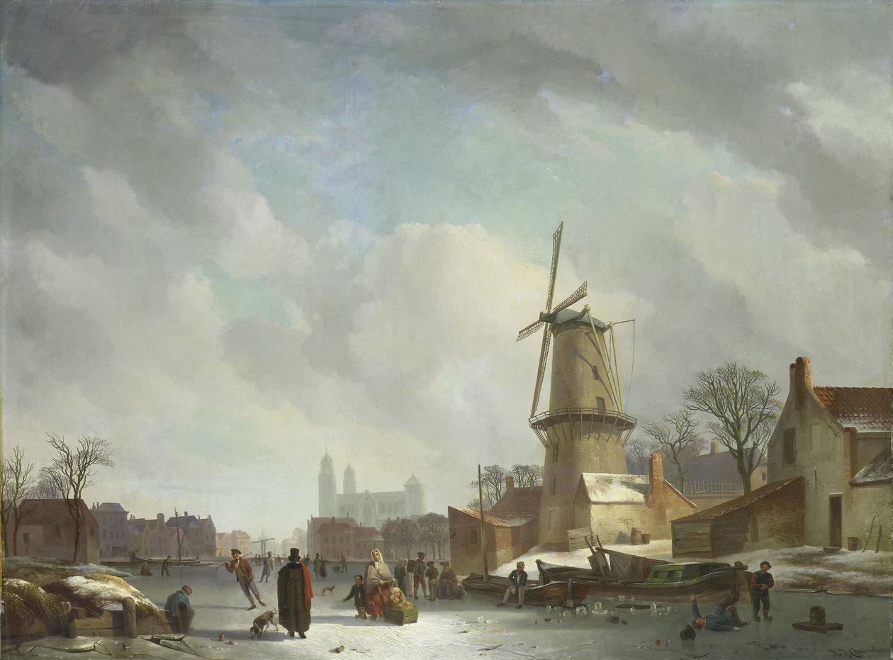 Frolicking on a Frozen Canal in a Town by Henricus Johannes Couwenberg