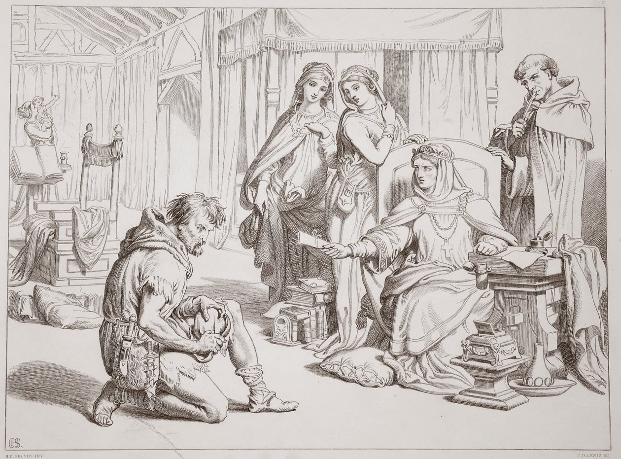 Martin Lightfoot undertakes to be the bearer of the letter to Earl Leofric, illustration from Hereward the Great by Charles Kingsley by Henry Courtney Selous